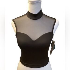 Elegant Black Mesh High Neck Crop‎ Top - Sleeveless Sheer Accent